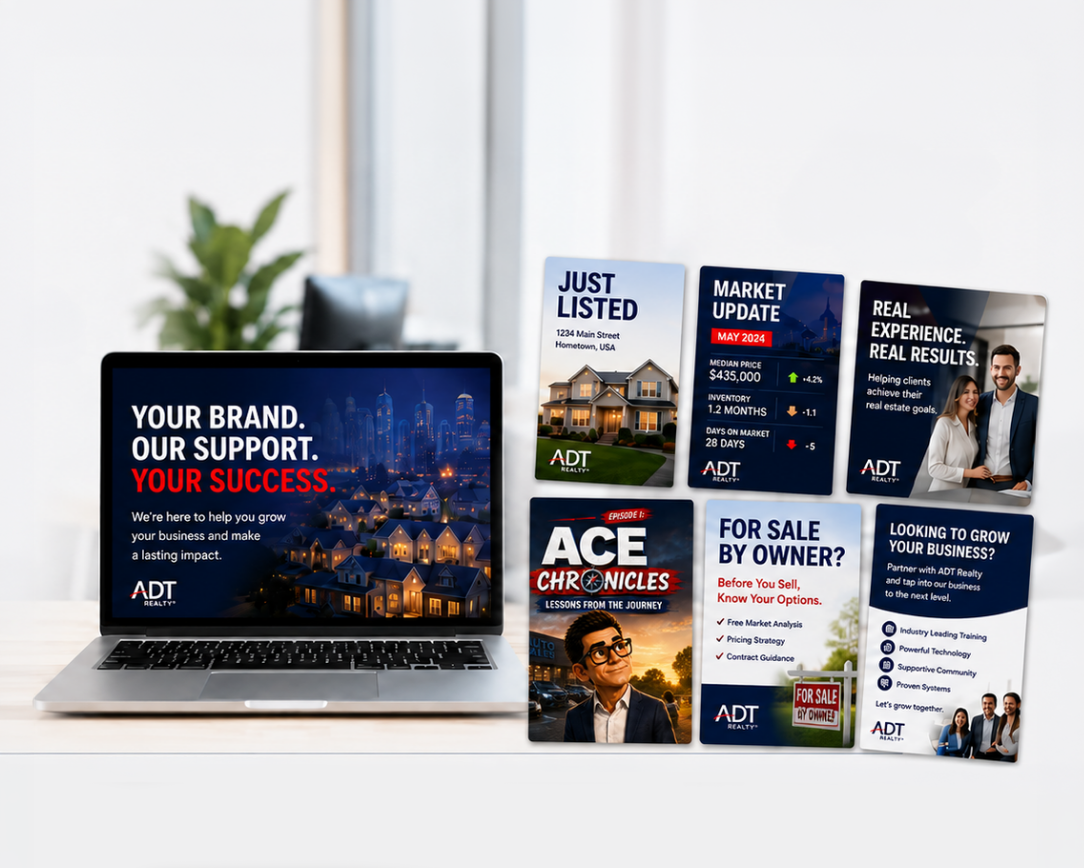 Branded listing brochures, postcards and social content on a desk