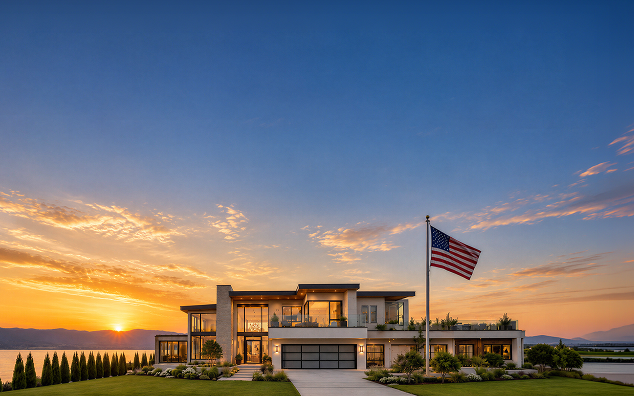 Modern luxury home at sunset with an American flag