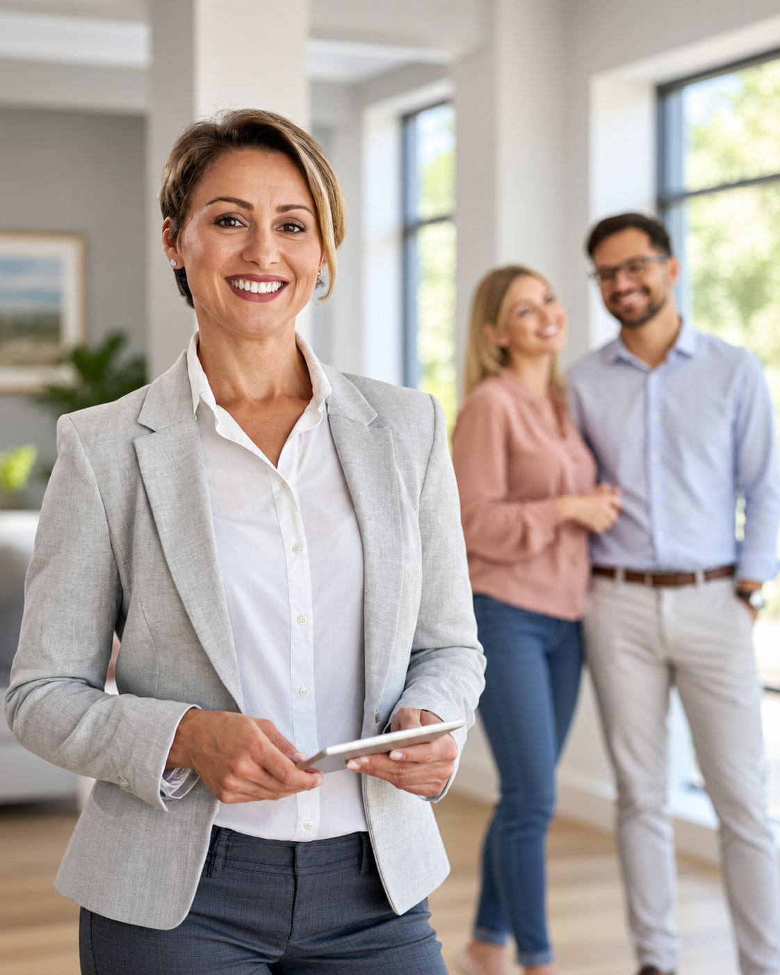 A smiling agent with tablet in hand, with happy clients behind her