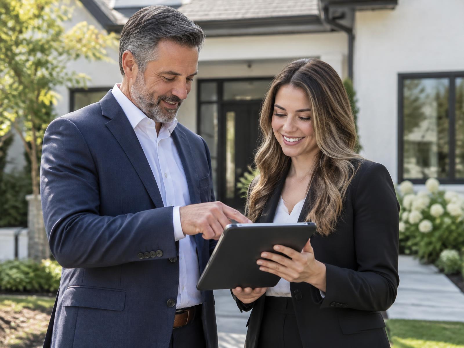 An experienced mentor reviewing a deal with a newer agent outside a home