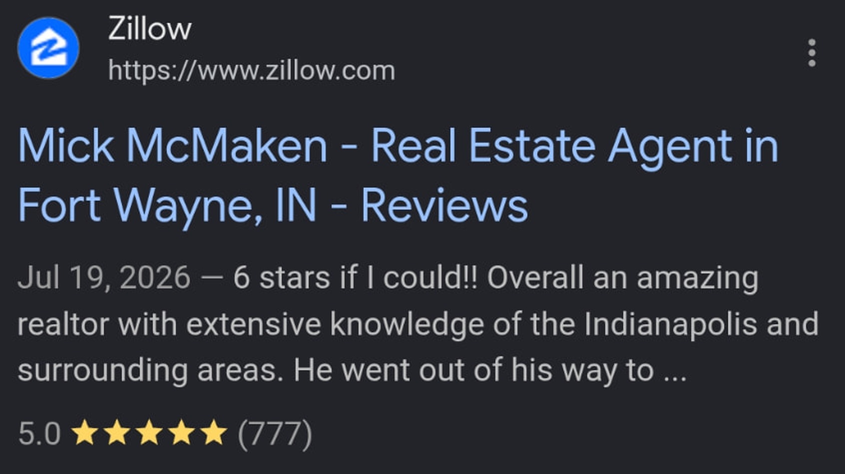 Mick McMaken's Zillow profile showing a 5.0 rating from 777 reviews